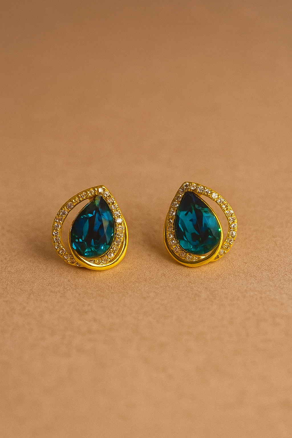 Blue Teardrop Zircon Stud Earrings in Gold Finish