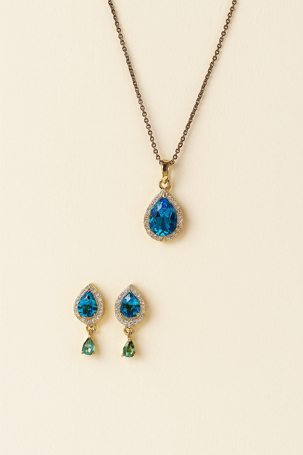 Blue Teardrop Crystal Pendant & Earrings Set for Women