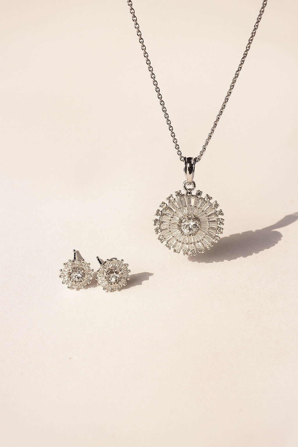 Elegant Silver-Tone Crystal Pendant & Earrings Set for Women