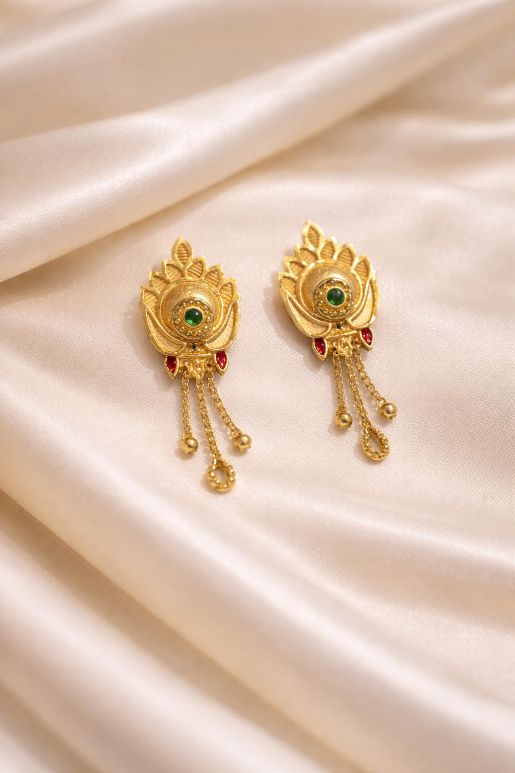 Ethnic Gold Forming Floral Tops – Durable Micro Plated Earrings with Triple Chain Tassels