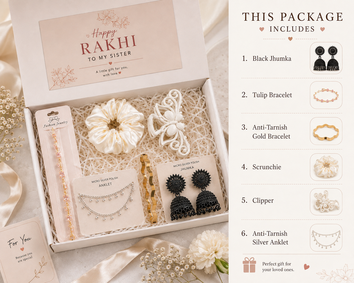 Rakhi Gift Hamper for Sister | Premium Jewelry & Hair Accessories Gift Box | Anklet, Jhumka, Bracelet & Scrunchie