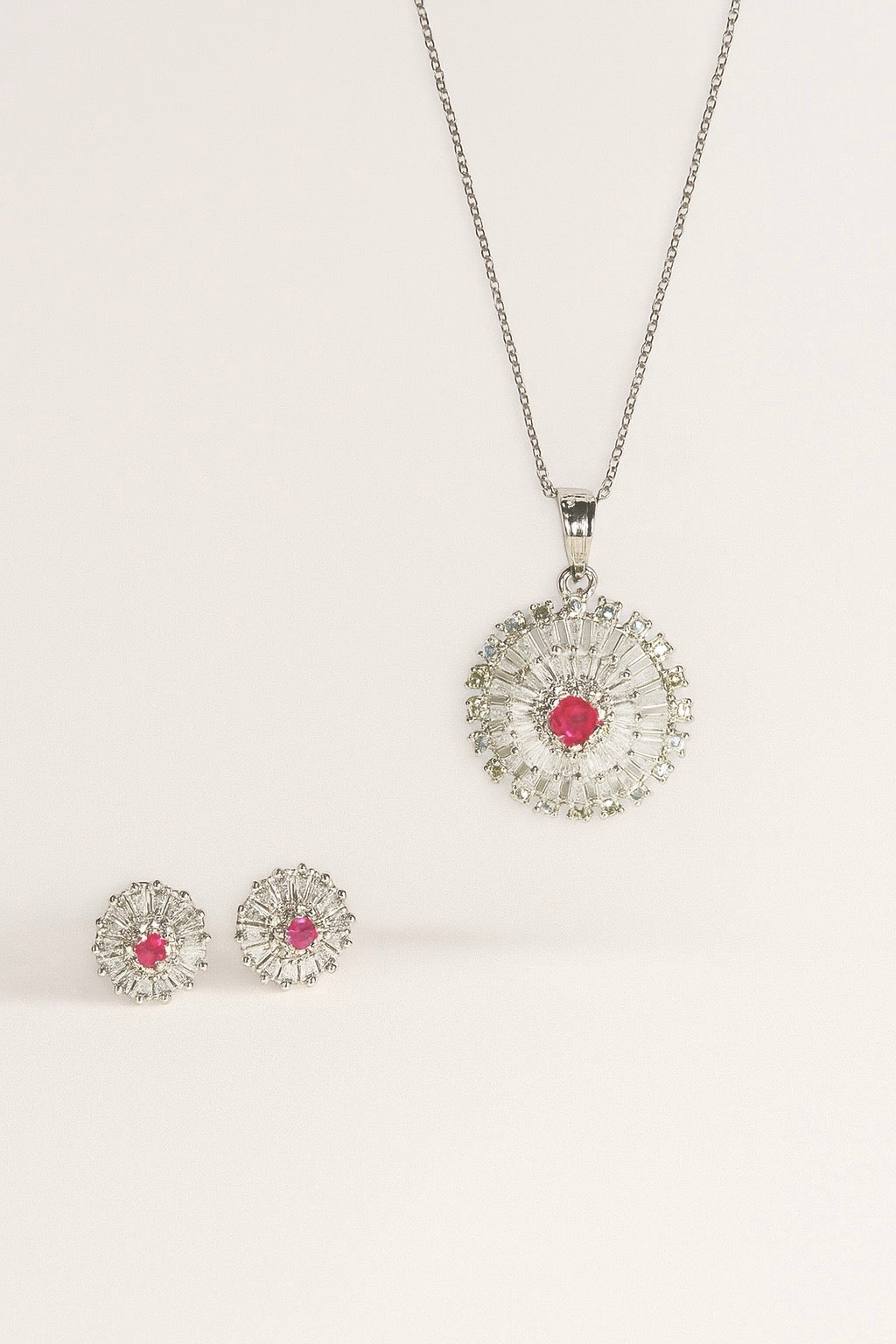 Ruby Halo Pendant & Earrings Set for Women – Elegant Party Jewelry