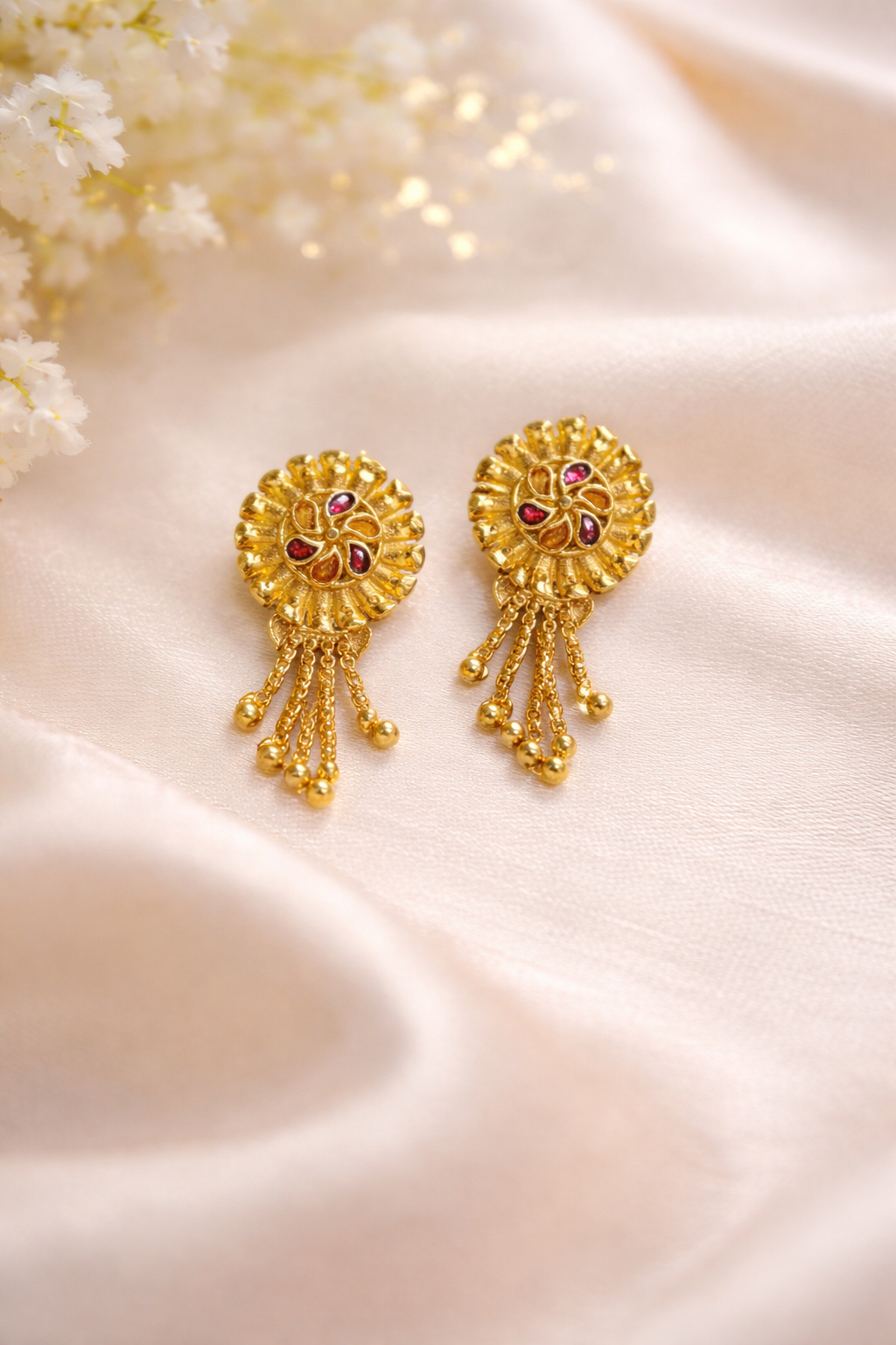 Ethnic Floral Gold Forming Tops with Multi-Color Stones and Gold Bead Dangles