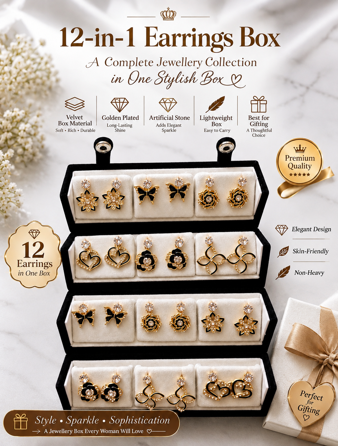 12-in-1 Earrings Box for Women | Gold Plated Designer Earrings Combo Set | Premium Jewellery Gift Box