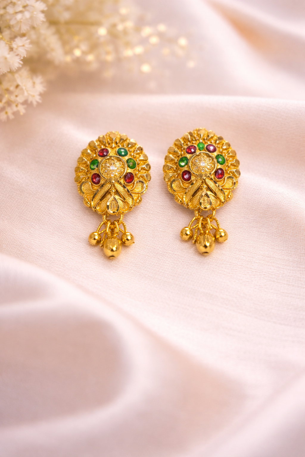 22K Micro Gold Plated Oval Navratna-Style Dangles – Long-Lasting Gold Forming Jewelry