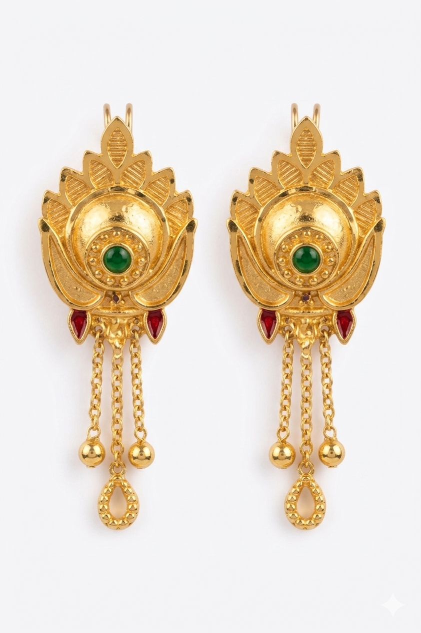 Ethnic Gold Forming Floral Tops – Durable Micro Plated Earrings with Triple Chain Tassels