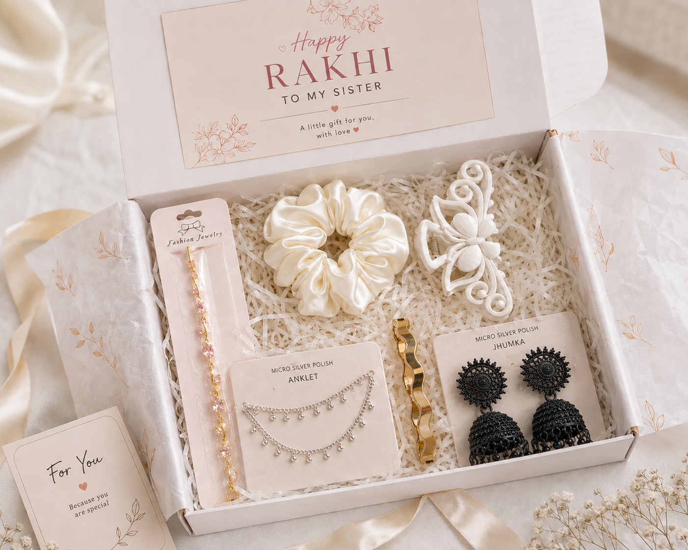 Rakhi Gift Hamper for Sister | Premium Jewelry & Hair Accessories Gift Box | Anklet, Jhumka, Bracelet & Scrunchie