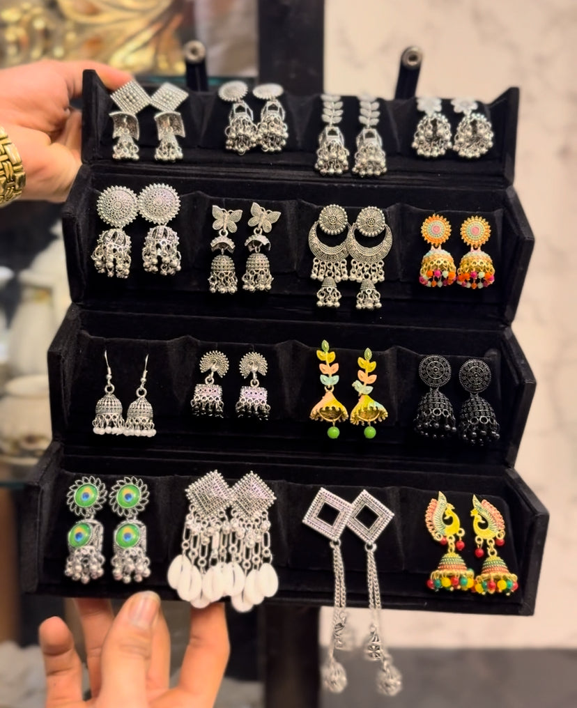 16-in-1 Oxidised Jhumka Earrings Set | Trending Combo Box for Girls & Women