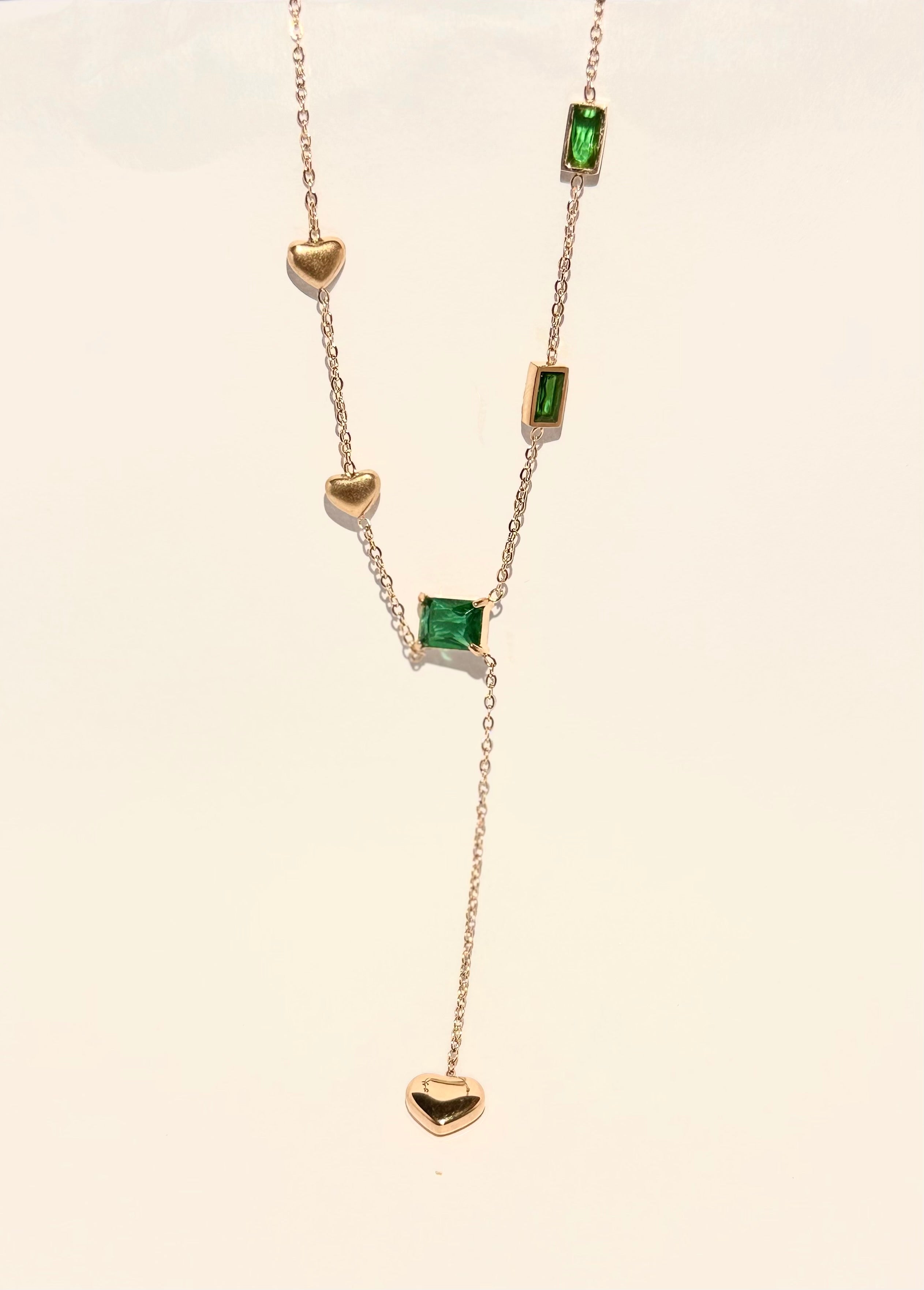 Rose Gold Green Stone Heart Pendant Necklace – Stainless Steel