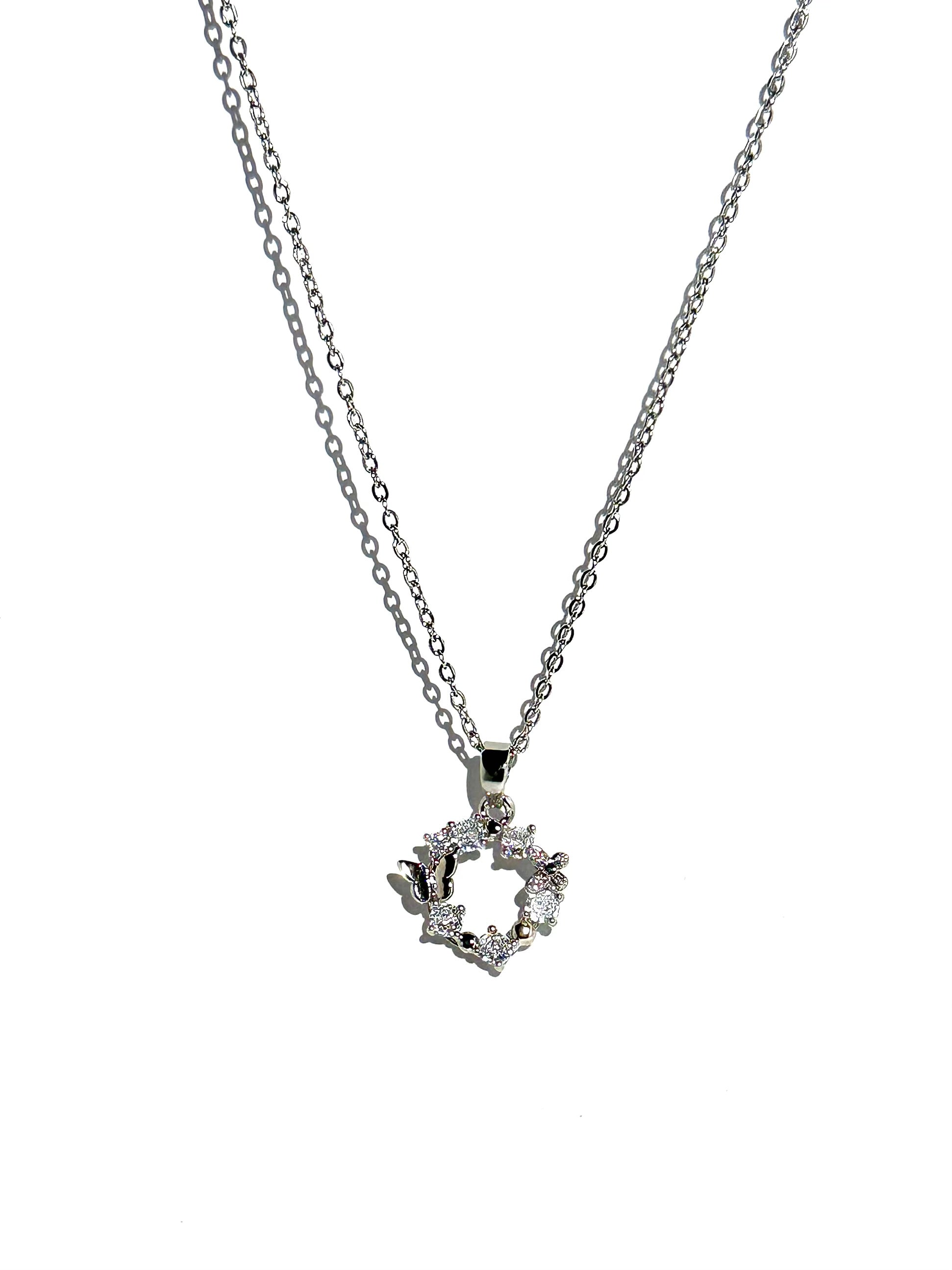 Butterfly Floral Crystal Pendant Necklace | Elegant Silver Chain