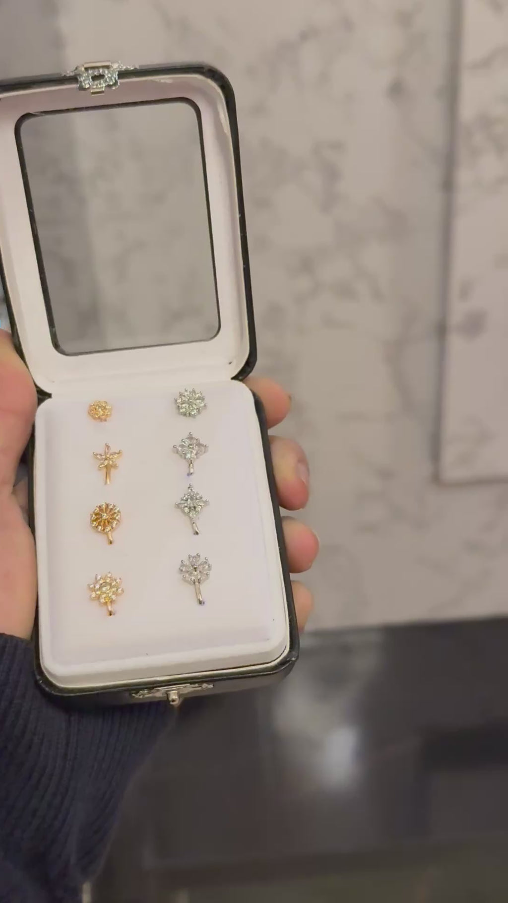 Premium Floral Nose Pins Set (8 Pieces) – 4 Silver Finish & 4 Rose Gold Finish | Diamond-Style Nose Studs in Luxury Gift Box