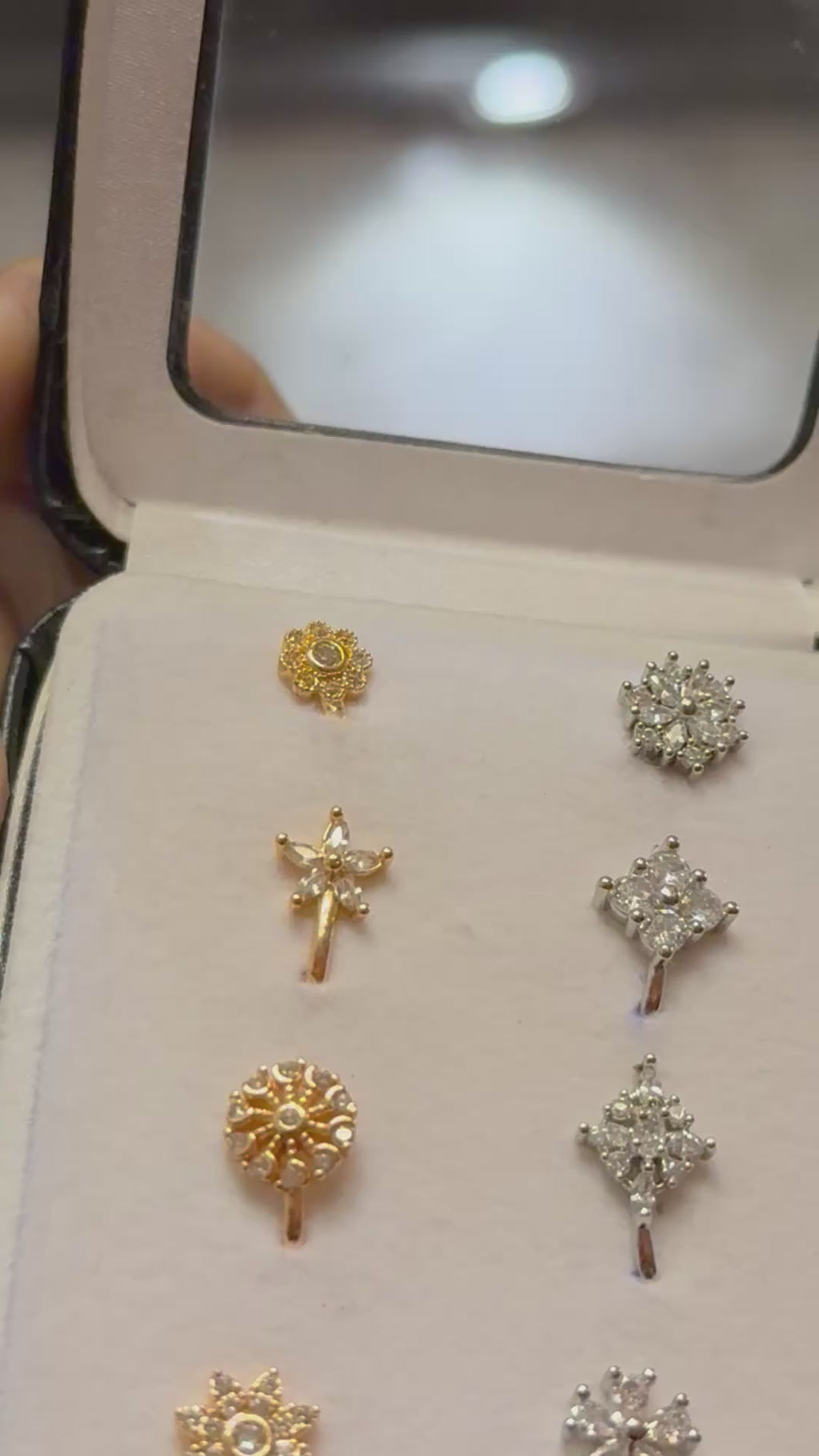 Premium Floral Nose Pins Set (8 Pieces) – 4 Silver Finish & 4 Rose Gold Finish | Diamond-Style Nose Studs in Luxury Gift Box