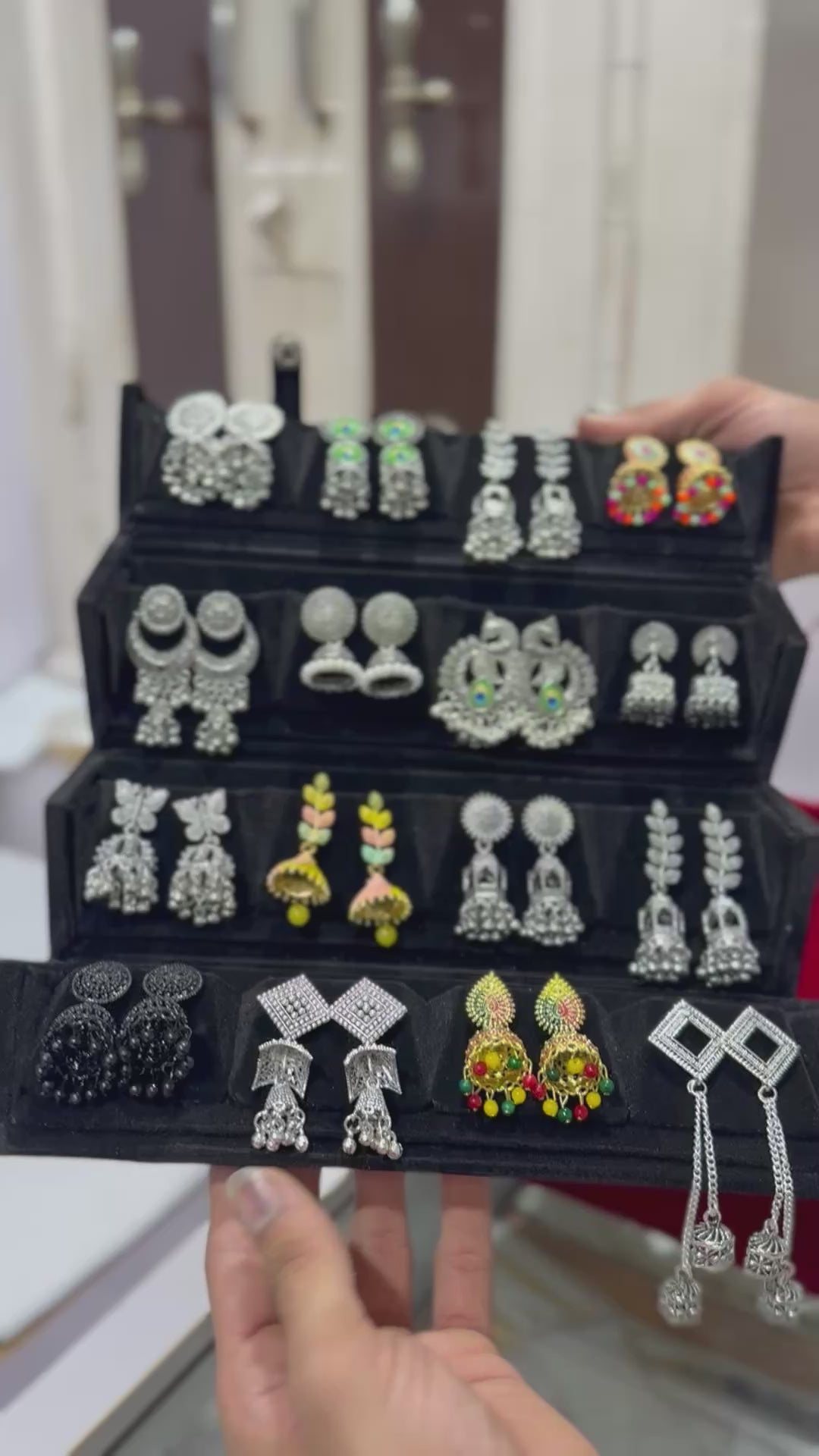 Royal Fusion Combo – 16 Oxidised Jhumka Set + Rose Gold Crystal Heart Necklace